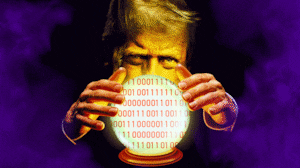 An animated GIF of Donald Trump, a crystal ball with computer code.