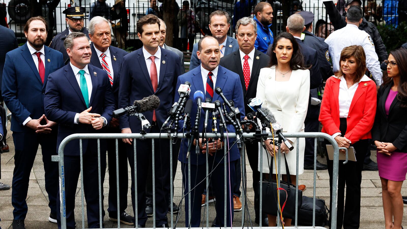 Rep. Bob Good (R-VA) speaks alongside House Republicans during a press conference outside of Donald Trump's hush money trial.