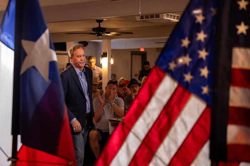 Texas Attorney General Ken Paxton concludes remarks during a rally for his senatorial campaign at George’s Banquet Hall in Waco, Texas, U.S. March 2, 2026.