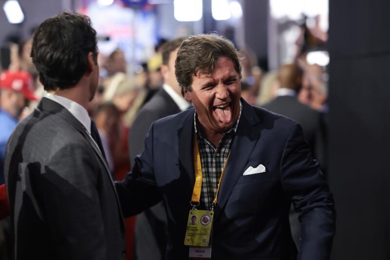 MILWAUKEE, WISCONSIN - JULY 15: Tucker Carlson attends the first day of the Republican National Convention at the Fiserv Forum on July 15, 2024 in Milwaukee, Wisconsin. Delegates, politicians, and the Republican faithful are in Milwaukee for the annual convention, concluding with former President Donald Trump accepting his party's presidential nomination. The RNC takes place from July 15-18.