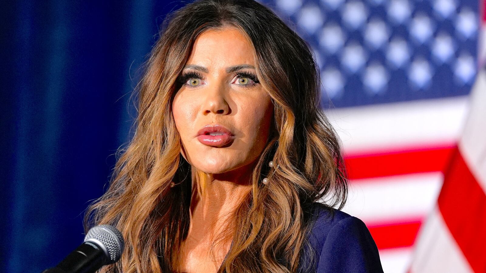 Homeland Security Secretary Kristi Noem speaks at the Citadel Patriot Dinner at the Citadel, November 6, 2025, in Charleston, SC.