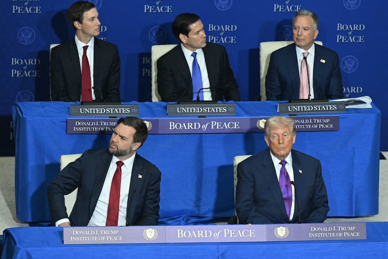 (Clockwise from bottom R) US President Donald Trump, US Vice President JD Vance, Jared Kushner, US Secretary of State Marco Rubio, and White House Special Envoy Steve Witkoff attend the inaugural meeting of the "Board of Peace" at the US Institute of Peace in Washington, DC, on February 19, 2026. President Trump on Thursday gathers allies to inaugurate the "Board of Peace," his new institution focused on progress on Gaza but whose ambitions reach much further. Around two dozen world leaders or other senior officials have come to Washington for the meeting -- including several of Trump's authoritarian-leaning friends and virtually none of the European democrats that traditionally sign on to US initiatives. (Photo by SAUL LOEB / AFP via Getty Images)