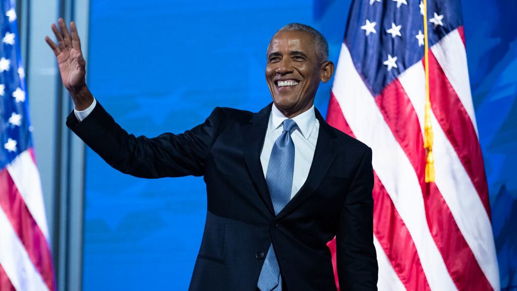 Former President Barack Obama arrives to speak on the second night of the Democratic National Convention at the United Center in Chicago, Aug. 20, 2024.
