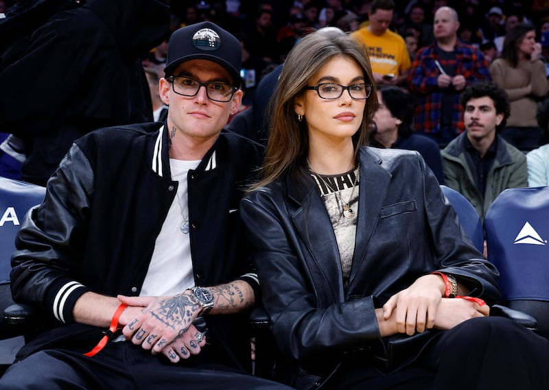 Kaia Gerber and Presley Gerber attend the Los Angeles Lakers and San Antonio Spurs basketball game at Crypto.com Arena on February 23, 2024 in Los Angeles, California.