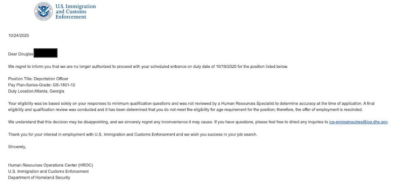 The letter Doug received telling him he was, actually, too old to join ICE.