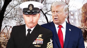 A photo composite of Mike Meoli, Donald Trump, and the Ukrainian battlefield.