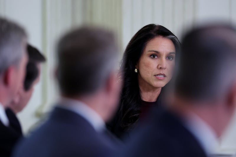 Tulsi Gabbard speaks during a meeting in the State Dining Room at the White House in Washington, D.C. on October 23, 2025.