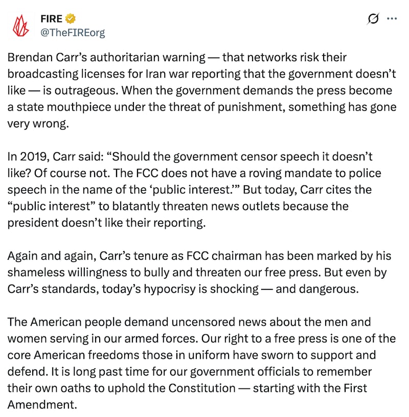 FIRE slammed Carr's "authoritarian warning," and used his own words from 2019 against him.