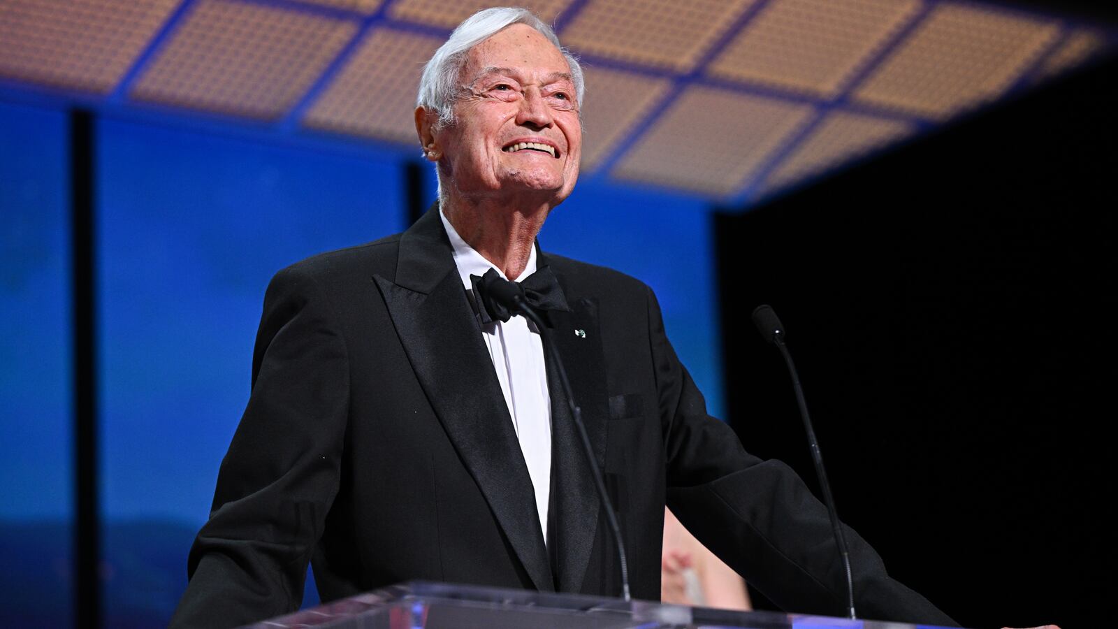 Roger Corman presents The Grand Prix Award during the closing ceremony during the 76th annual Cannes film festival at Palais des Festivals on May 27, 2023 in Cannes, France.