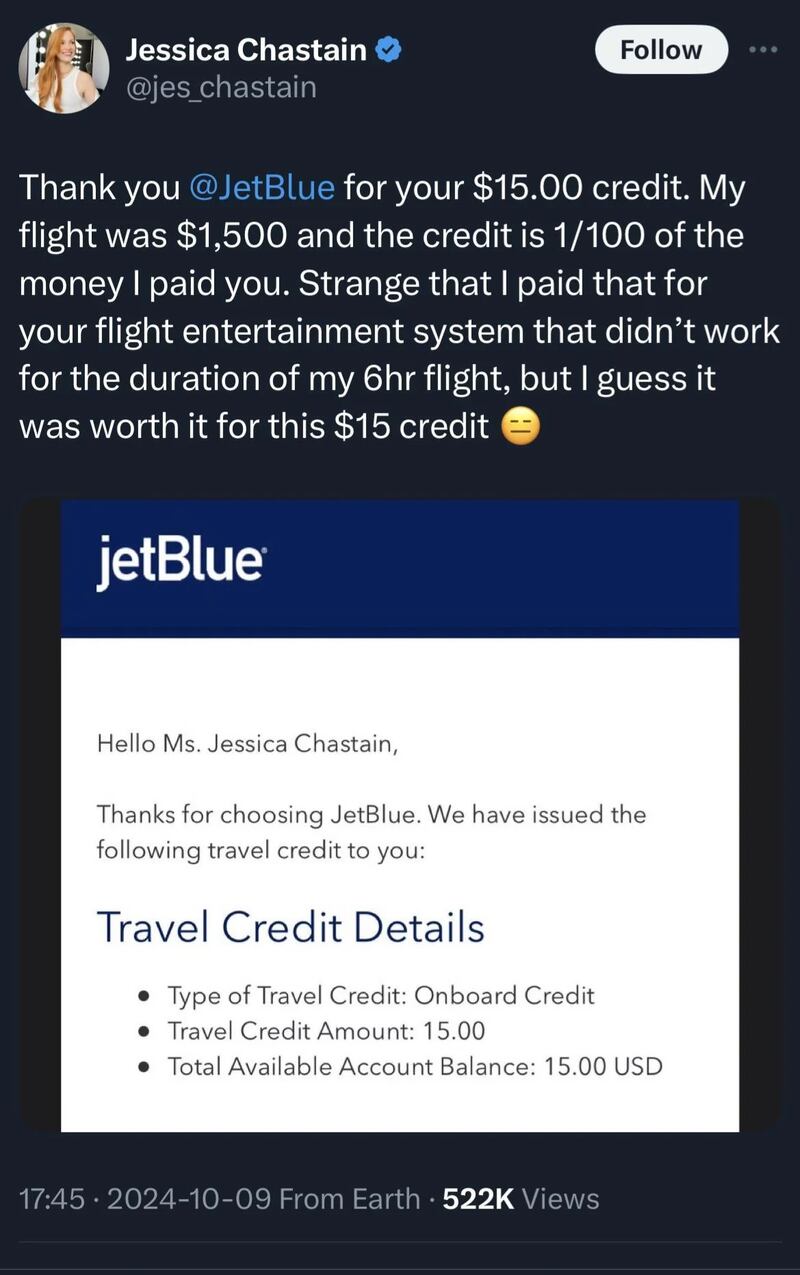 A screenshot of a tweet by Jessica Chastain complaining about her $15 credit for an inflight entertainment system outage.