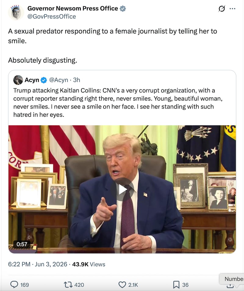 Newsom referenced Trump's past to criticize his comments to Collins.