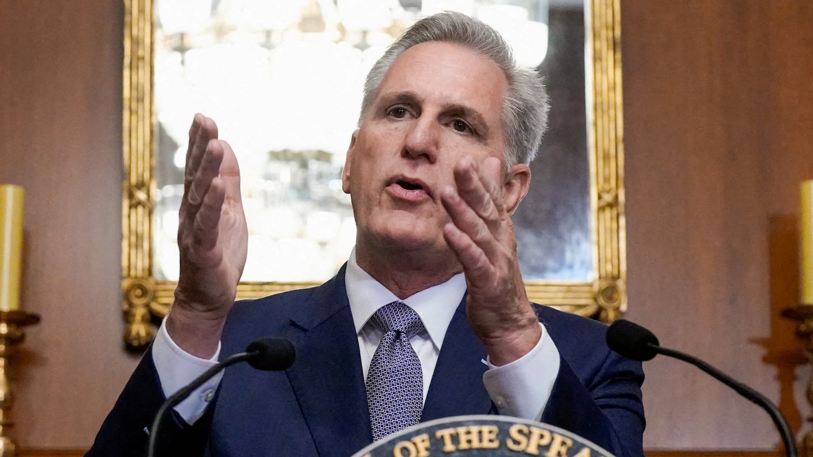 Kevin McCarthy speaks to reporters in the U.S. Capitol after the House of Representatives passed a stopgap government funding bill