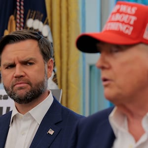 WASHINGTON, DC - AUGUST 22:   Vice President JD Vance looks at U.S. President Donald Trump as he talks in the Oval Office  August 22, 2025 in Washington, DC.  Trump announced the FIFA World Cup 2026 draw will take place at The Kennedy Center.   (Photo by Chip Somodevilla/Getty Images)