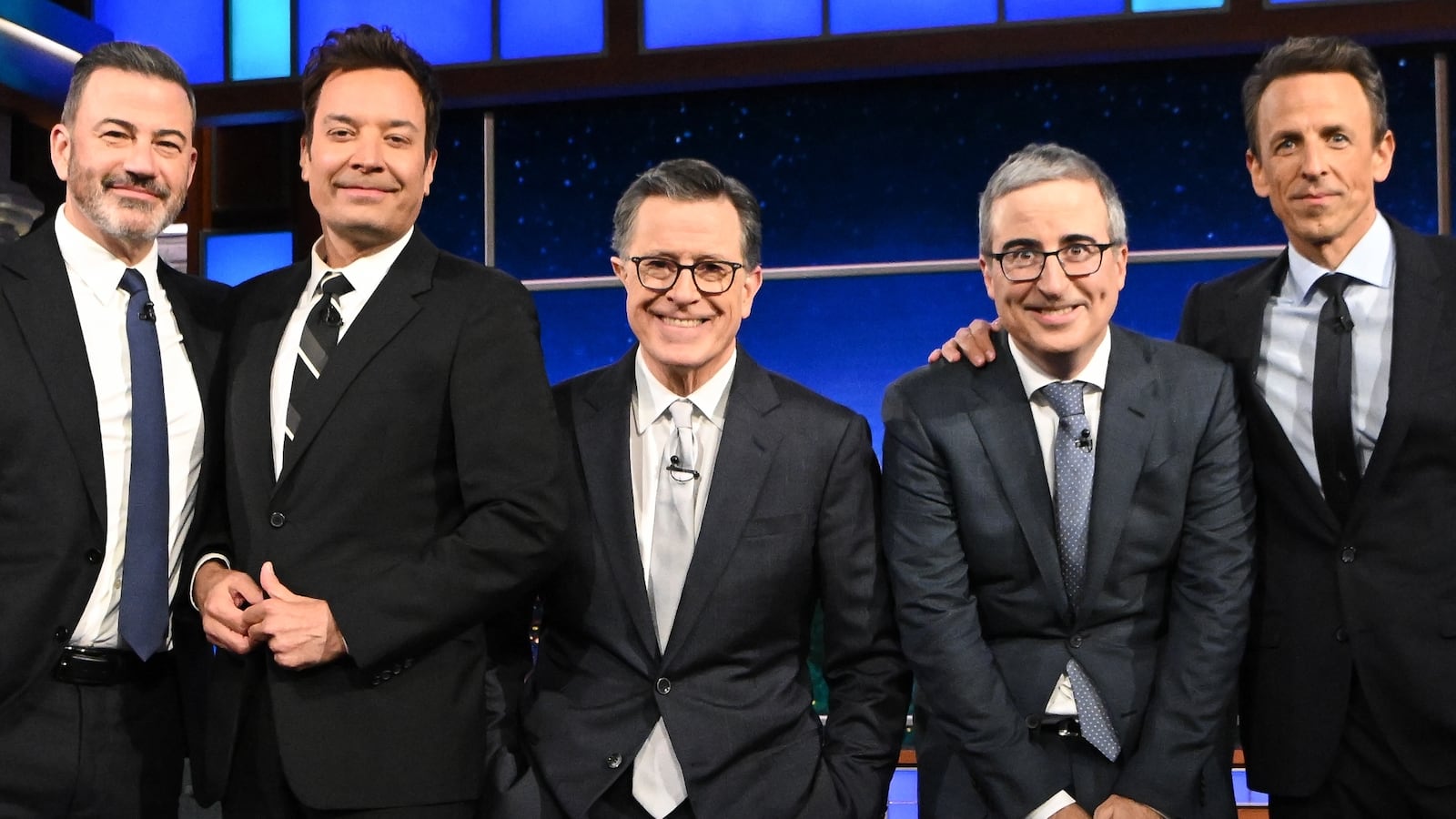 Stephen Colbert and guests Jimmy Kimmel, Jimmy Fallon, John Oliver, and Seth Meyers