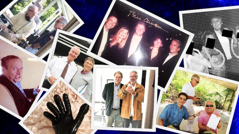 A photo illustration of a collage of photographs of Jeffrey Epstein, Bill Clinton, Woody Allen, Richard Branson, and Donald Trump.