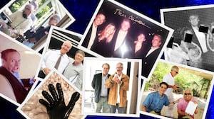 A photo illustration of a collage of photographs of Jeffrey Epstein, Bill Clinton, Woody Allen, Richard Branson, and Donald Trump.