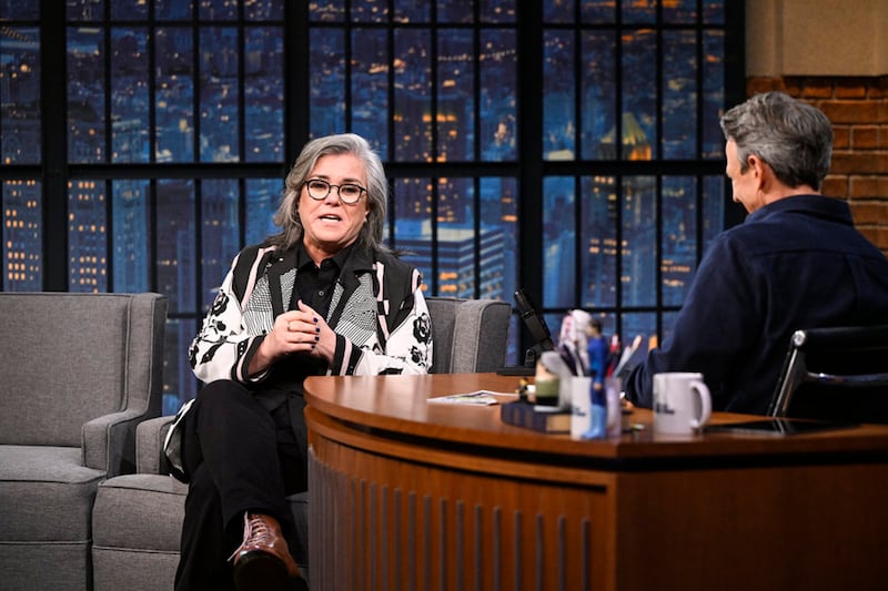LATE NIGHT WITH SETH MEYERS -- Episode 1822 -- Pictured: (l-r) Comedian & actress Rosie O'Donnell during an interview with host Seth Myers on July 23, 2026 -- (Photo by: Paula Lobo/NBC)