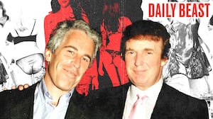 Jeffrey Epstein and Donald Trump with photos of models in the background.