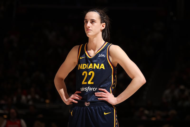 WASHINGTON, D.C. - SEPTEMBER 27: Caitlin Clark #22 of the Indiana Fever looks on during the game against the Washington Mystics on September 27, 2024 at Entertainment and Sports Arena in Washington, D.C. Mandatory Copyright Notice: Copyright 2024 NBAE (Photo by Stephen Gosling/NBAE via Getty Images)