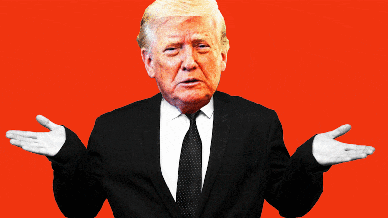 Illo illustration of Donald Trump's head on a body of a man raising his arms and shrugging
