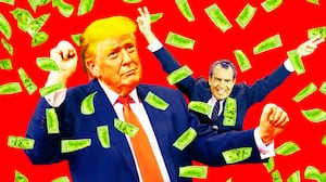 A photo illo illustration of President Trump and Richard Nixon and money flying.