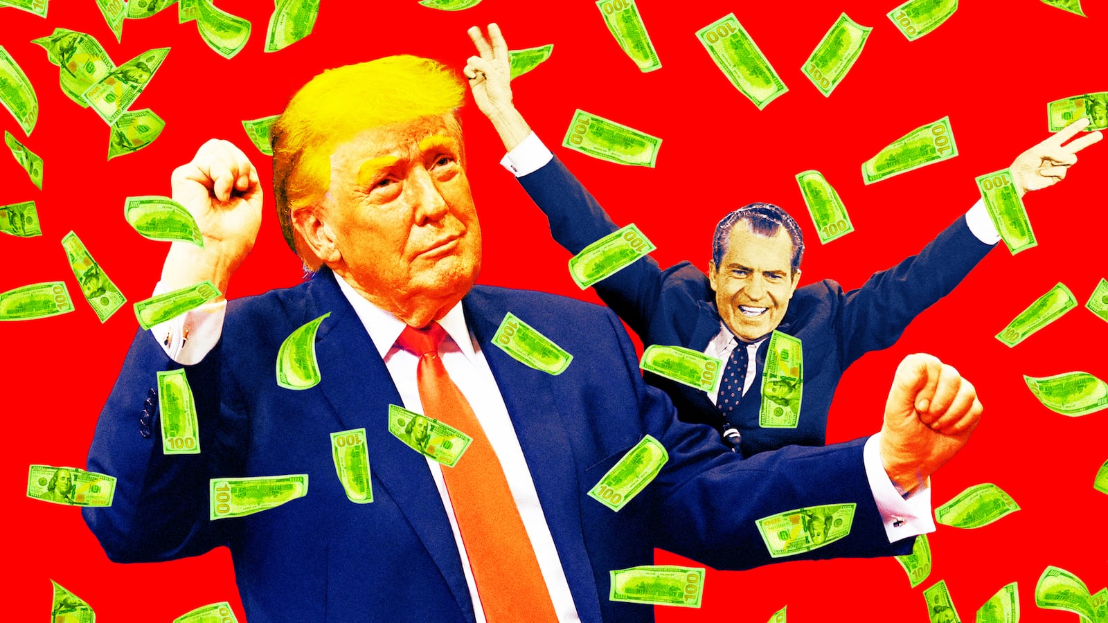 A photo illo illustration of President Trump and Richard Nixon and money flying.