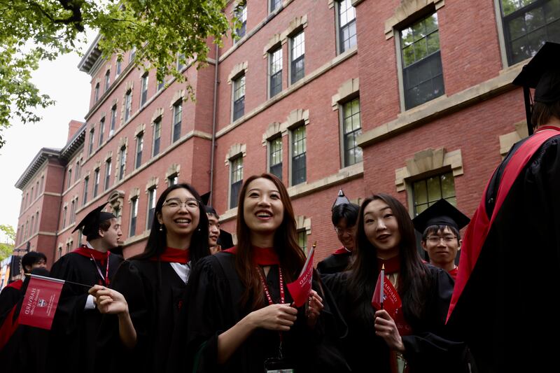 Students arrive prior to Harvard University's 374th Commencement on May 29, 2025.