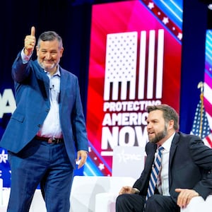 Ted Cruz and JD Vance react on stage at the Conservative Political Action Conference (CPAC) at Gaylord National Convention Center in National Harbor, Maryland, U.S., March 2, 2023.