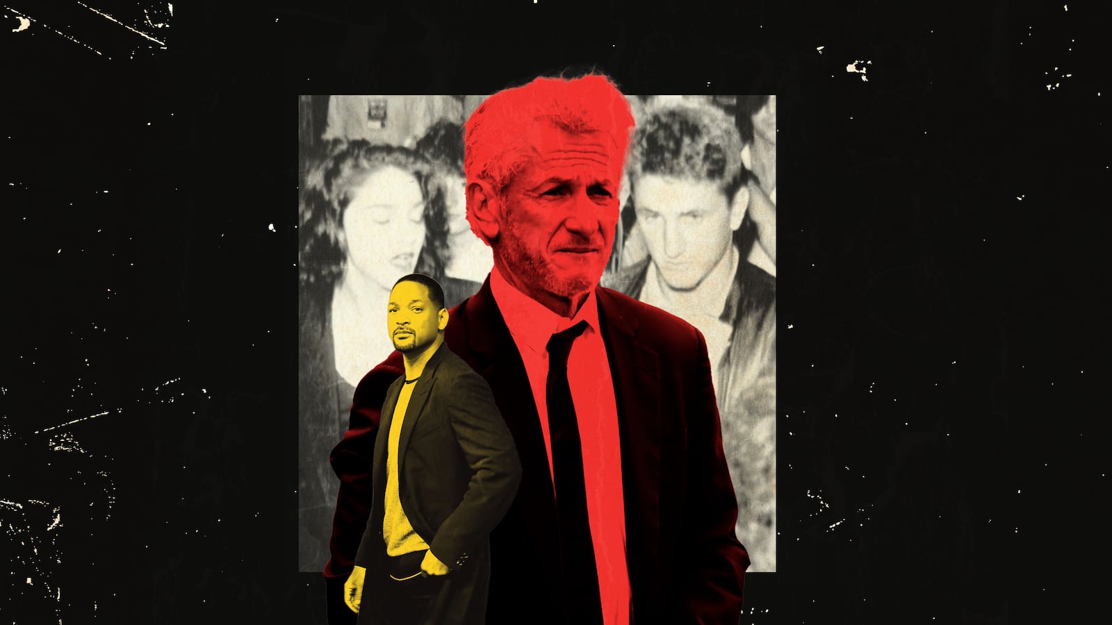 A photo illustration of Sean Penn and Will Smith over a vintage picture of Sean Penn with Madonna