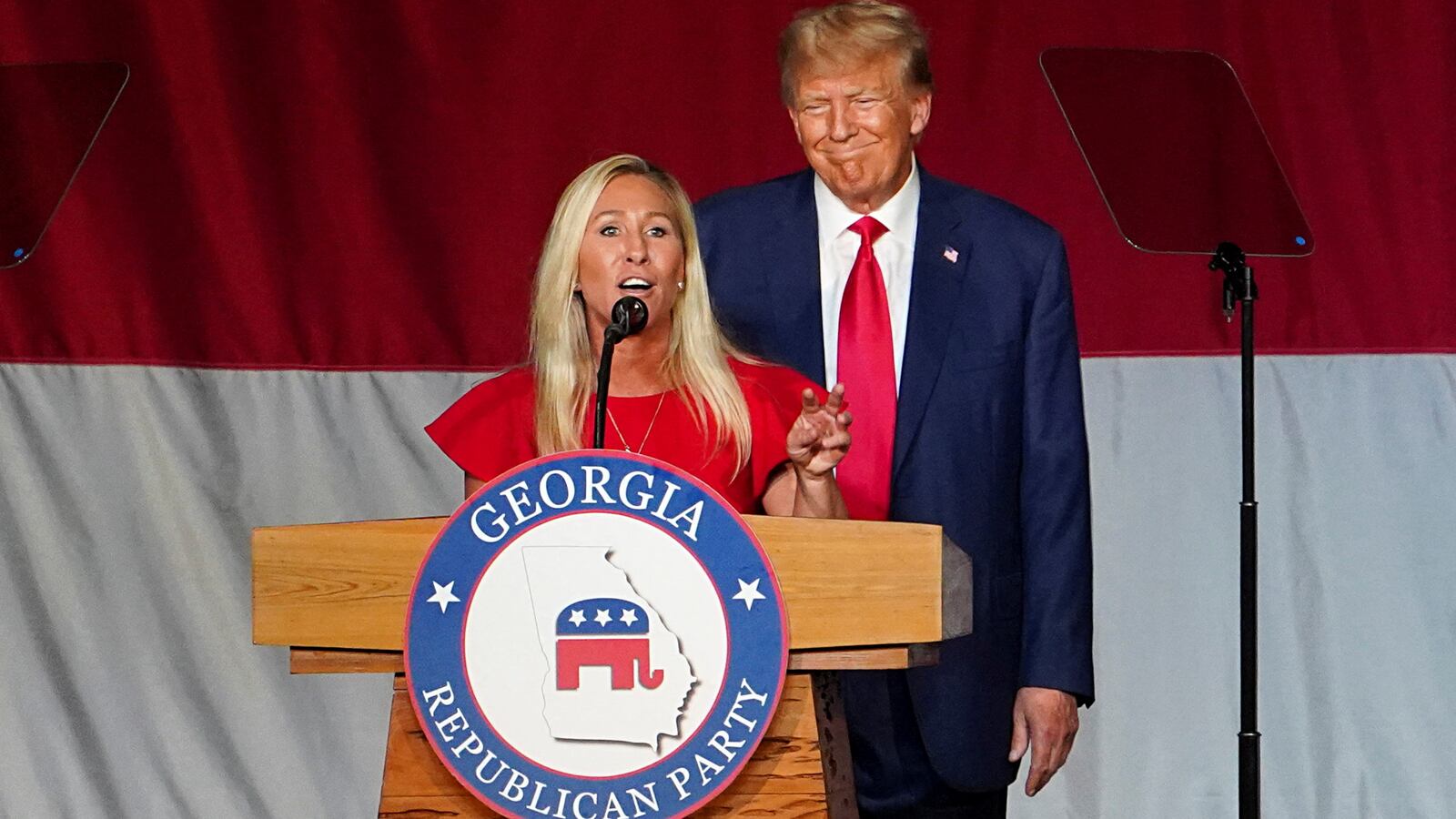 Donald Trump and U.S. Rep. Marjorie Taylor Greene attend the Georgia Republican Party convention in Columbus, Georgia, on June 10, 2023.