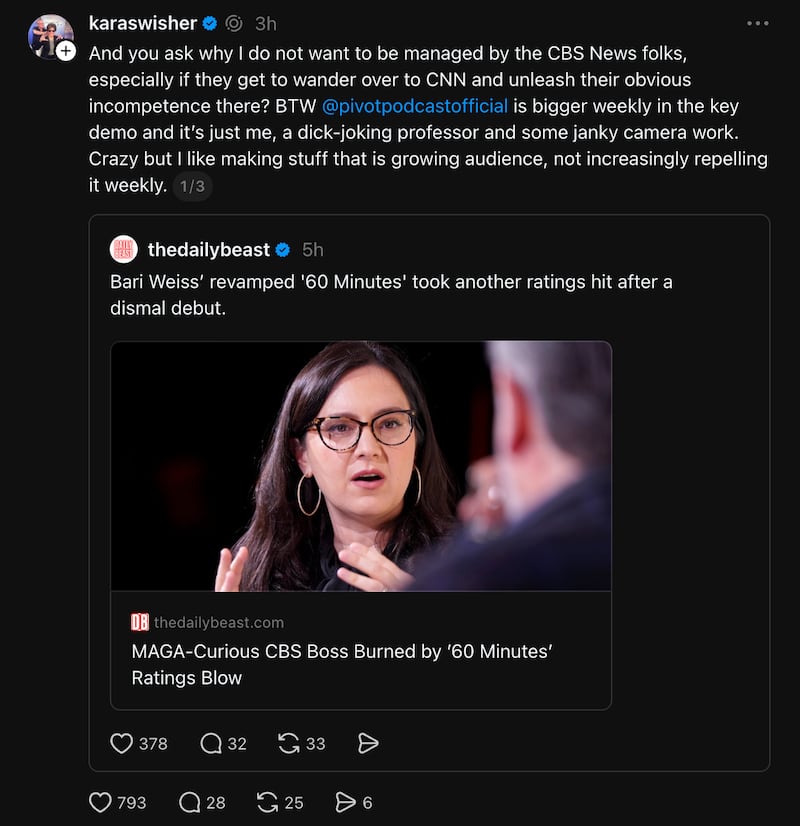 Kara Swisher cited poor “60 Minutes” ratings as one reason she does not want to work under the Paramount umbrella.