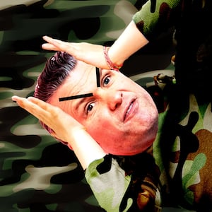 Pete Hegseth throwing a tantrum on camouflage background