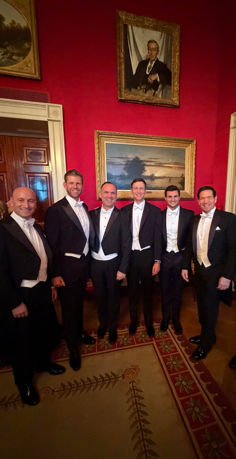 (L-R) Stephen Miller, Eric Trump, Dan Scavino, Jared Kushner, Michael Boulos
and Marco Rubio.