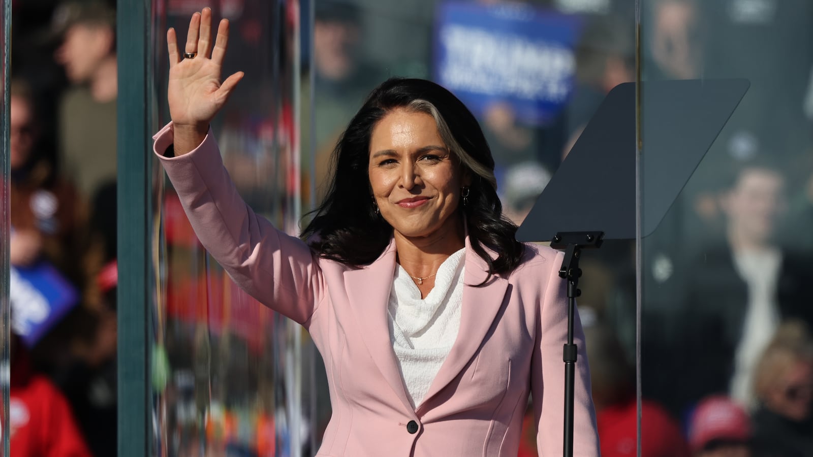 Former Rep. Tulsi Gabbard (R-HI) takes the stage during a Republican presidential nominee, former U.S. President Donald Trump campaign rally at Lancaster Airport on November 03, 2024 in Lititz, Pennsylvania.
