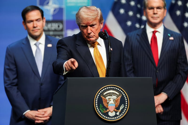 U.S. Secretary of State Marco Rubio and Treasury Secretary Scott Bessent listen as U.S. President Donald Trump speaks to the media on the day of a NATO leaders' summit in Ankara, Turkey, July 8, 2026.
