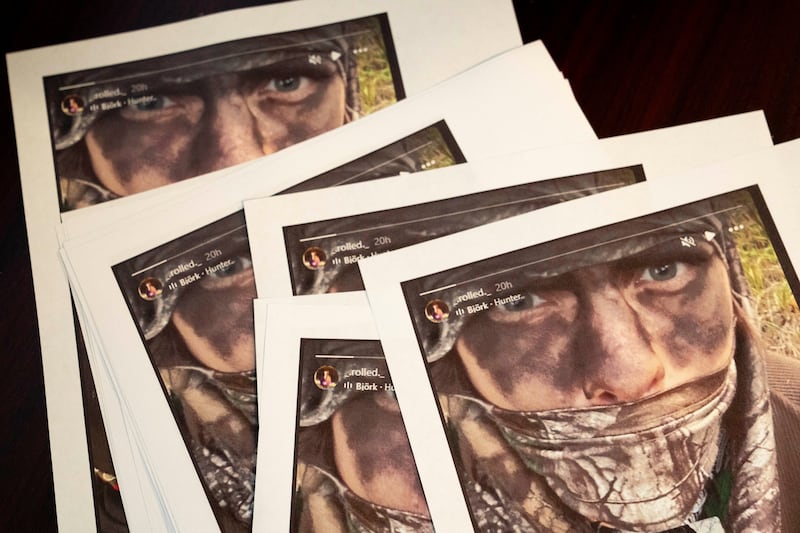Printouts distributed at a Kootenai County Sheriff’s Office press briefing depict suspect Wess Roley, a day after two firefighters were shot dead, while responding to a fire and the body of a man was later found with a gun nearby in the Canfield Mountain area outside Coeur d’Alene, in Hayden, Idaho, U.S. June 30, 2025.  REUTERS/David Ryder