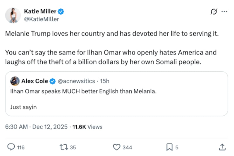 Screenshot of Katie Miller's X post about Ilhan Omar.