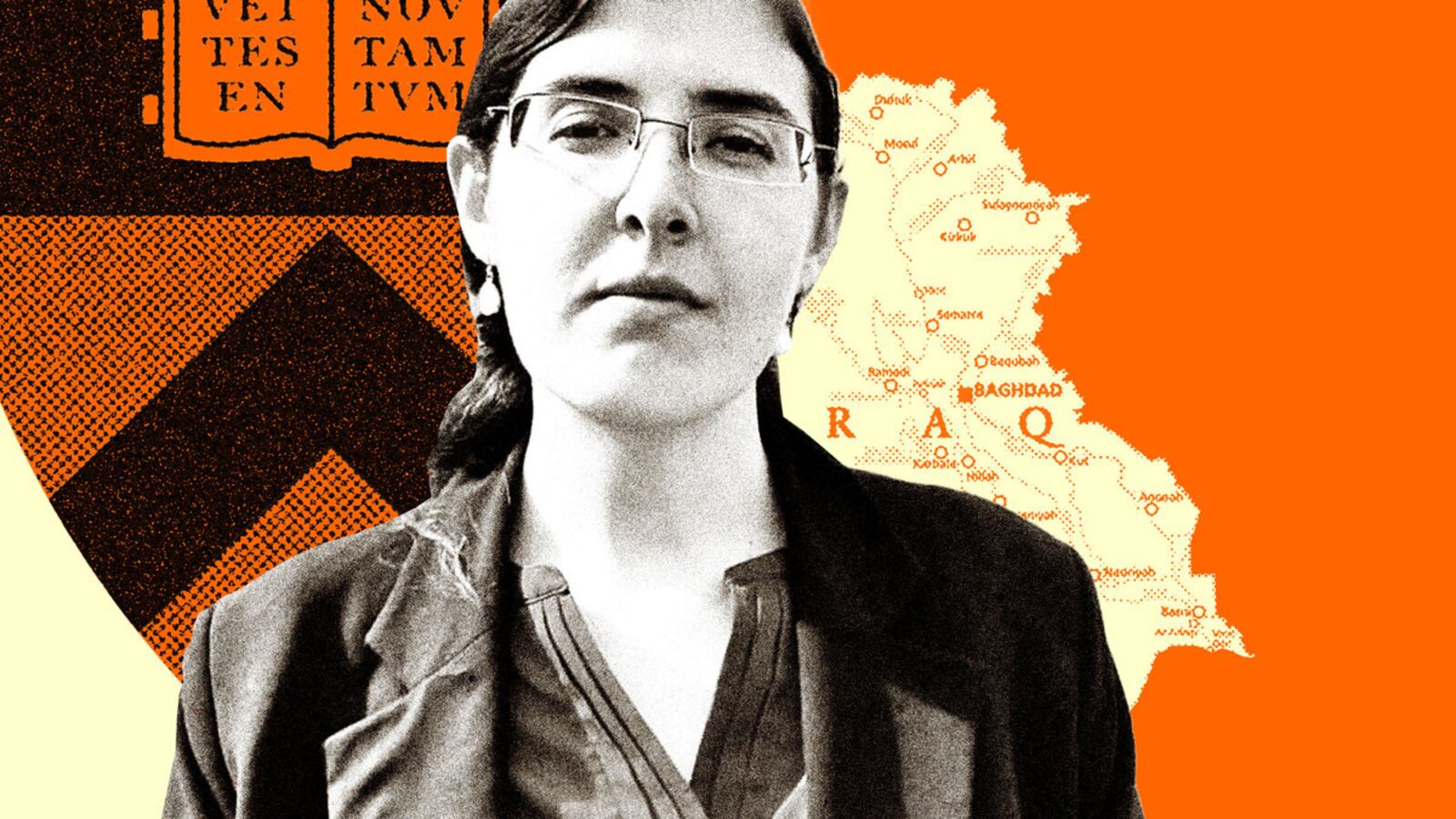 Princeton student Elizabeth Tsurkov, along with the crest of the university and a map of Iraq, where she was kidnapped this spring.