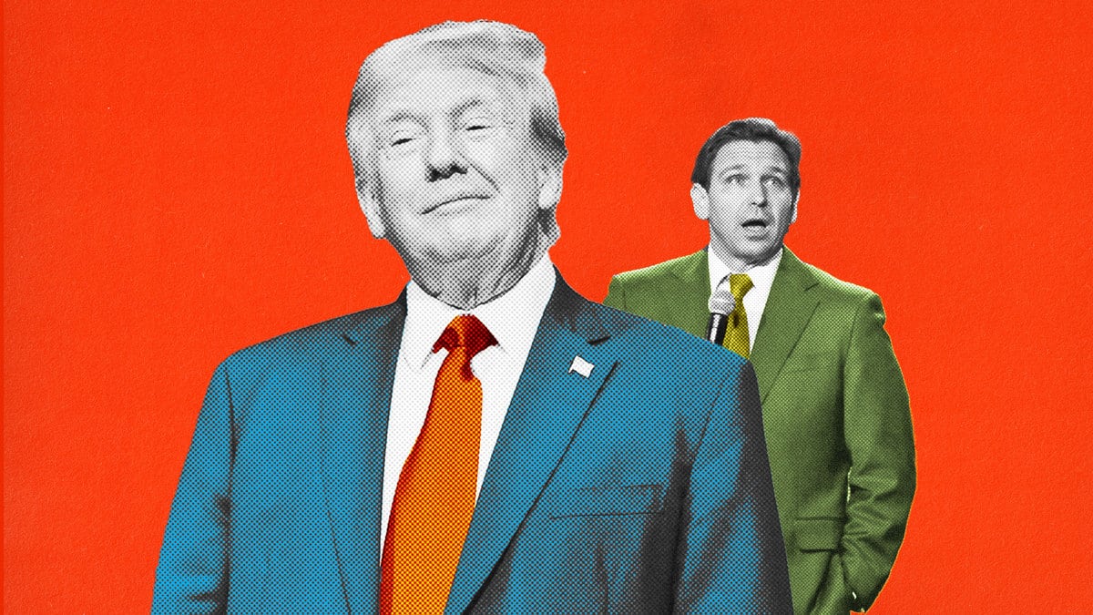 Donald Trump smirks as Ron DeSantis speaks in a photo illustration
