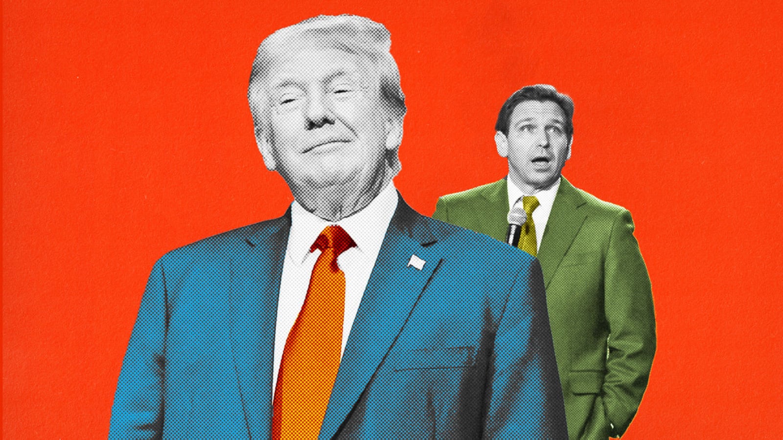 Donald Trump smirks as Ron DeSantis speaks in a photo illustration