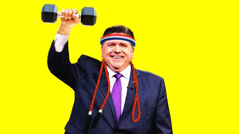 JB Pritzker wearing exercise clothing and accessories on a yellow background