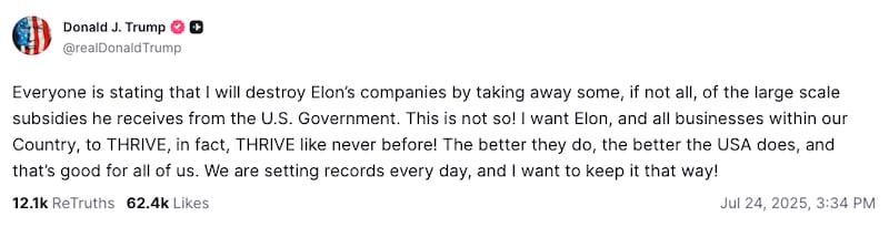 Trump's Truth Social post de-escalating his feud with Elon Musk.