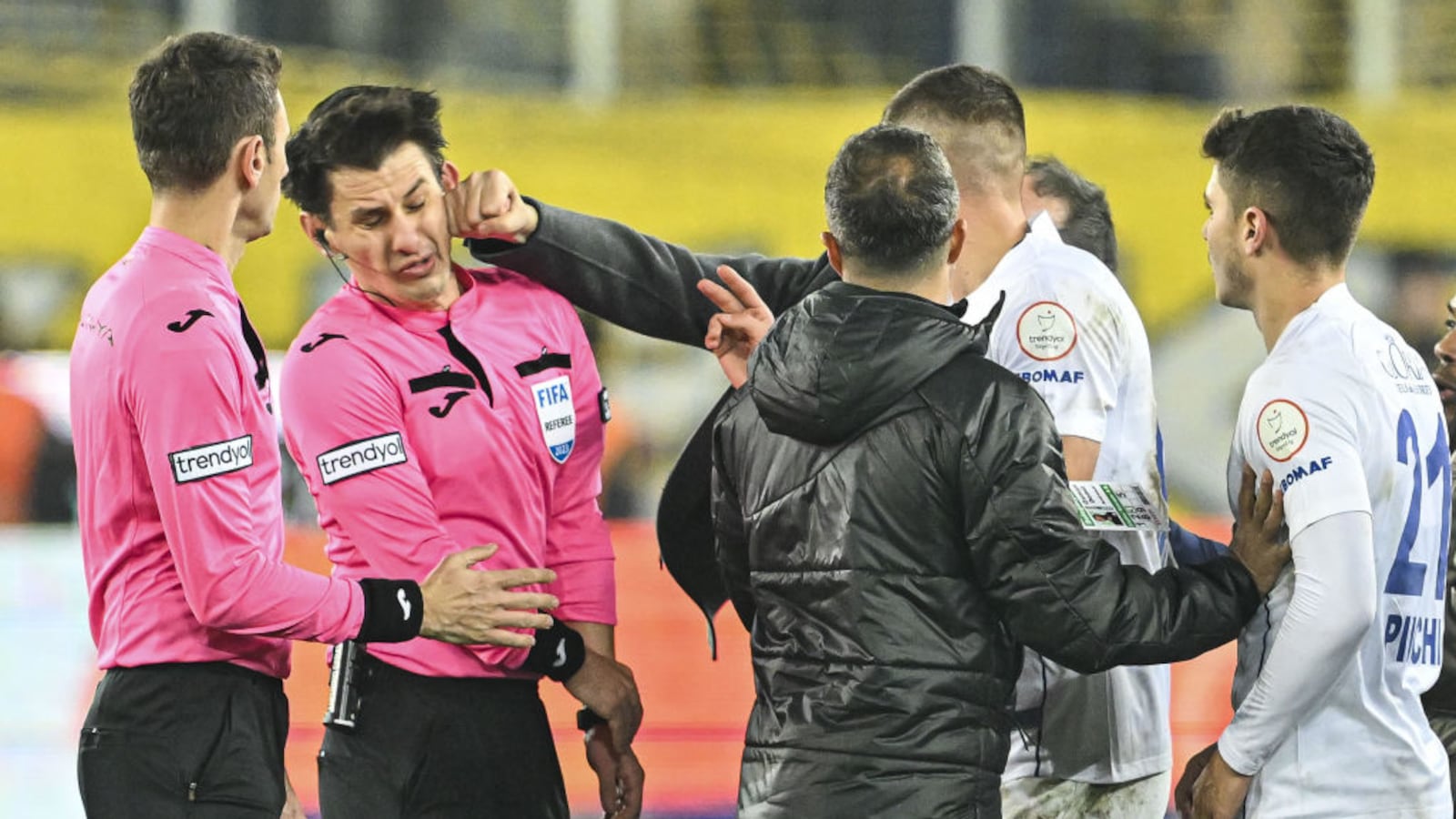 Faruk Koca, President of MKE Ankaragucu throws a punch to the referee Halil Umut Meler at Eryaman Stadium in Ankara, Turkey on December 11, 2023.