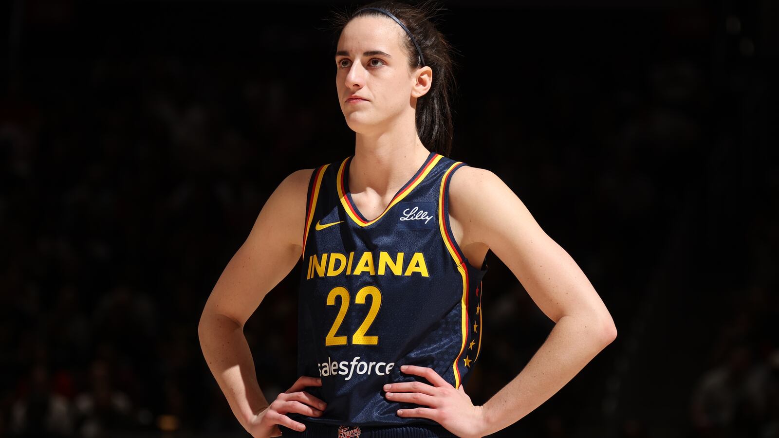 WASHINGTON, D.C. - SEPTEMBER 27: Caitlin Clark #22 of the Indiana Fever looks on during the game against the Washington Mystics on September 27, 2024 at Entertainment and Sports Arena in Washington, D.C. Mandatory Copyright Notice: Copyright 2024 NBAE (Photo by Stephen Gosling/NBAE via Getty Images)