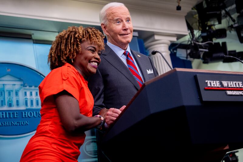 WASHINGTON, DC - OCTOBER 4: U.S. President Joe Biden, accompanied by White House press secretary Karine Jean-Pierre, jokes about taking so many questions during a news conference in the Brady Press Briefing Room at the White House on October 04, 2024 in Washington, DC. Biden made a surprise appearance, his first in the briefing room since becoming president, to tout a positive job report and take questions from reporters. (Photo by Andrew Harnik/Getty Images)