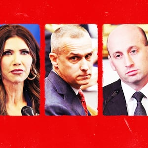 A photo illustration of Kristi Noem, Corey Lewandowski, and Stephen Miller.