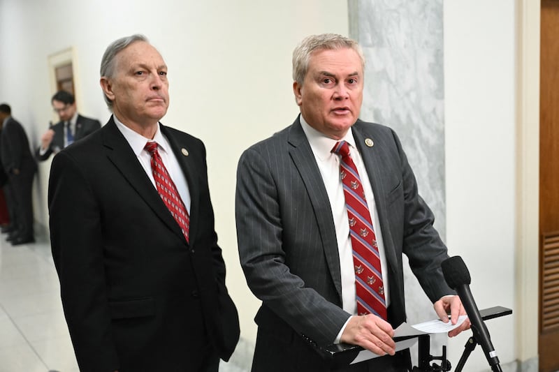 Republican House Oversight Committee Chairman James Comer with GOP Rep. Andy Biggs  tells reporters on Monday that Ghislaine Maxwell refused to answer questions by the committee and instead invoked her constitutional right not to self-incriminate as she seeks clemency from Trump.