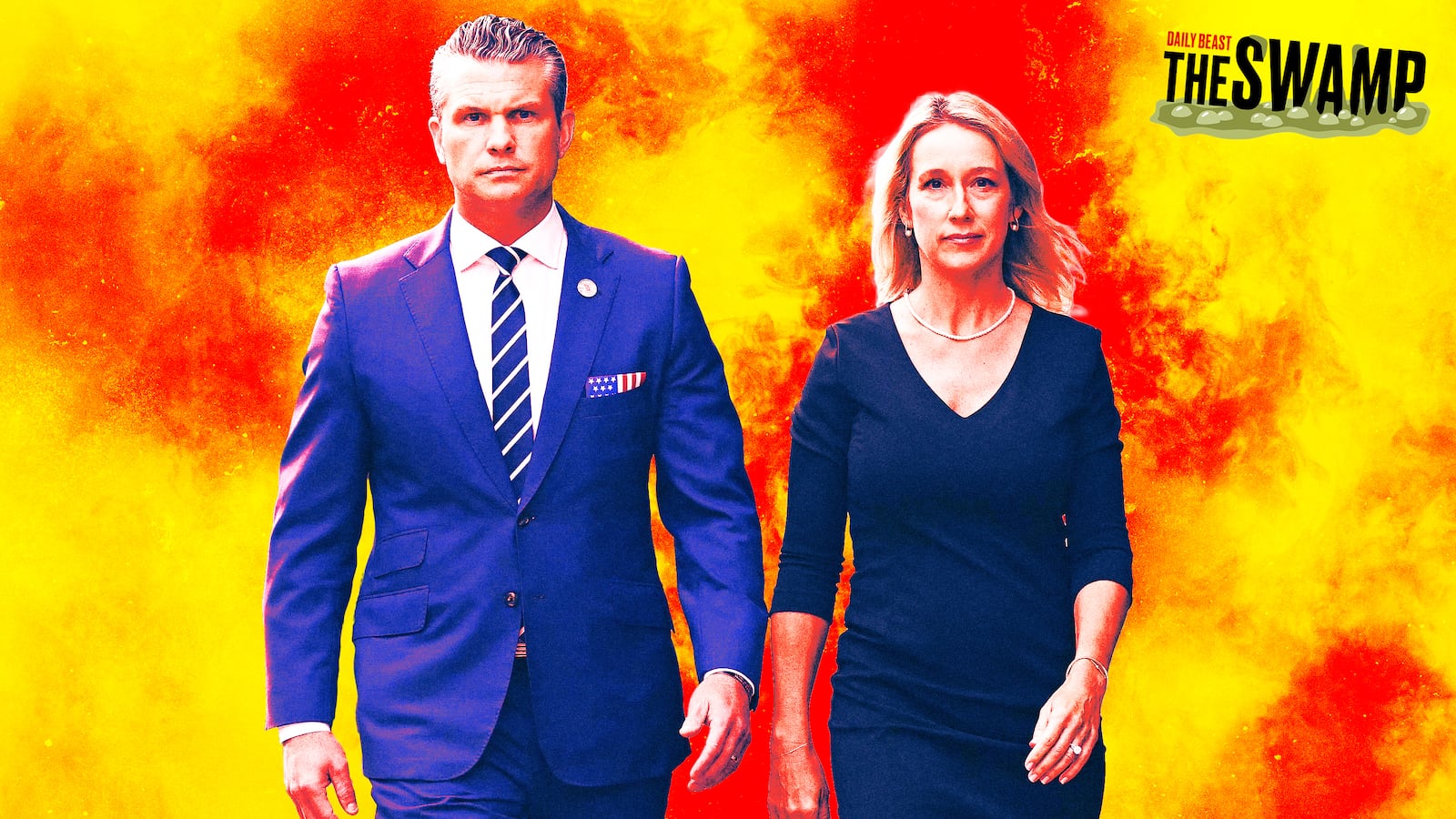 A photo illustration of Pete Hegseth and Jennifer Rauchet in front of orange yellow flames for The Swamp.