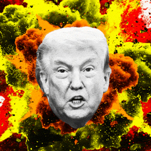 Photo illustrative gif of different Donald Trump heads in front of an explosion cloud