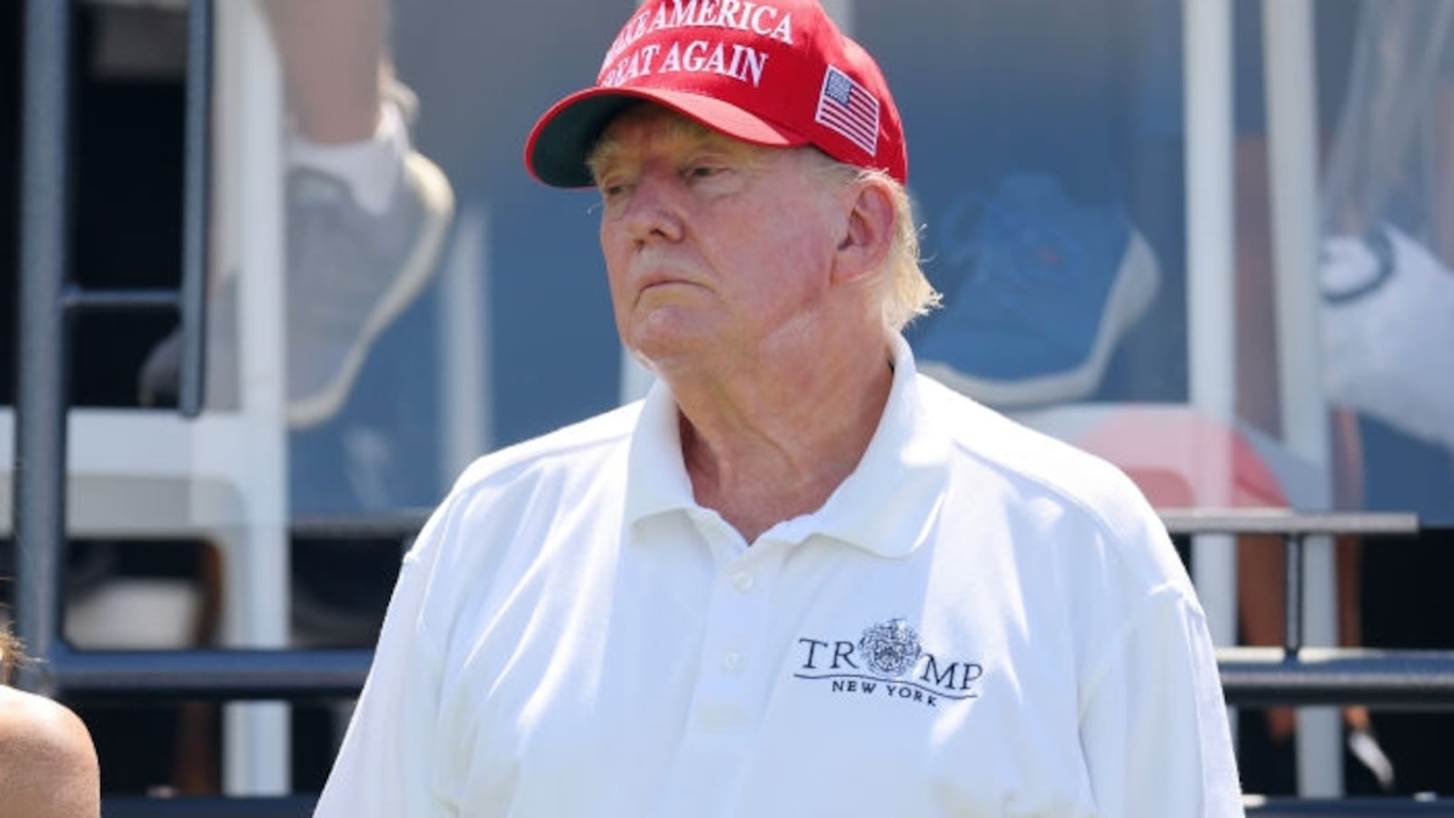BEDMINSTER, NEW JERSEY - AUGUST 13: Former President Donald Trump and Attorney Alina Habba at the first tee during day three of the LIV Golf Invitational - Bedminster at Trump National Golf Club on August 13, 2023 in Bedminster, New Jersey. (Photo by Mike Stobe/Getty Images)